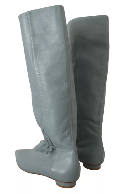 Valentino Blaues Leder Elastische Flats Pull On Kniehohe Stiefel Schuhe