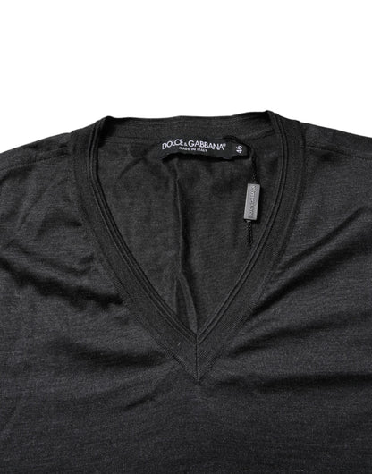 Dolce & Gabbana Dunkelgraues Seiden-T-Shirt mit V-Ausschnitt und kurzen Ärmeln