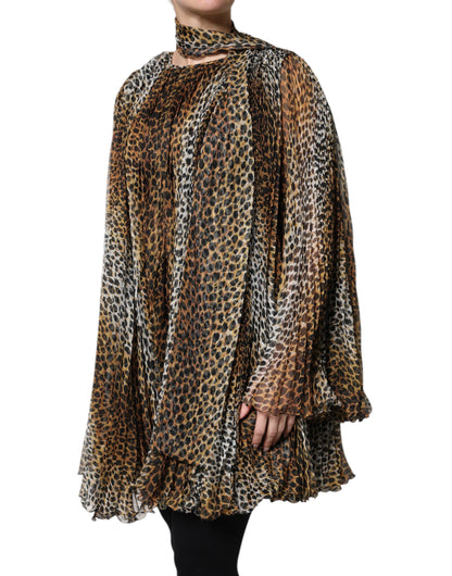 Dolce & Gabbana Braunes Chiffon-Kleid mit Leopardenmuster und Schal