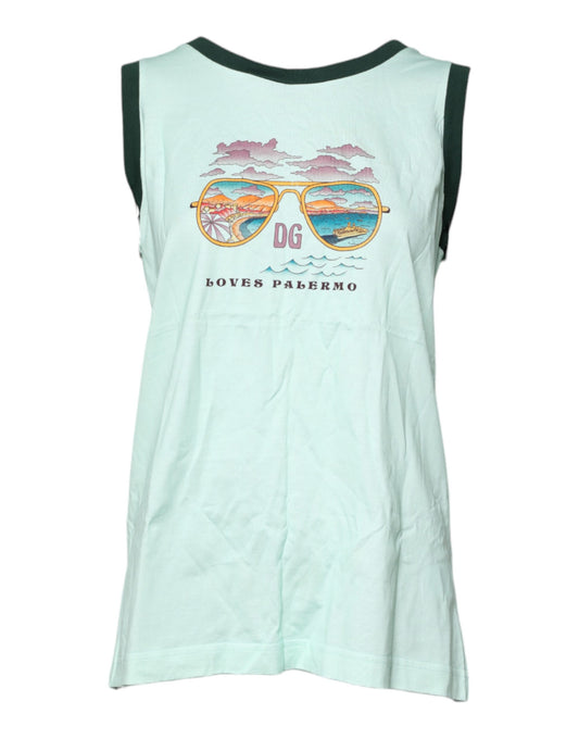 Dolce & Gabbana Hellgrünes ärmelloses Tank-T-Shirt mit Grafikdruck