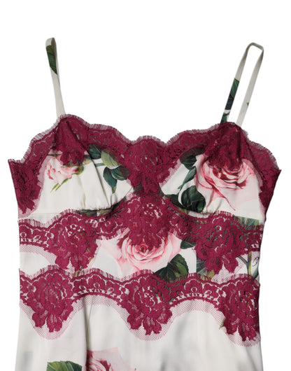 Dolce & Gabbana Weißer Rosendruck Satin Spitze Tank Top Lingerie