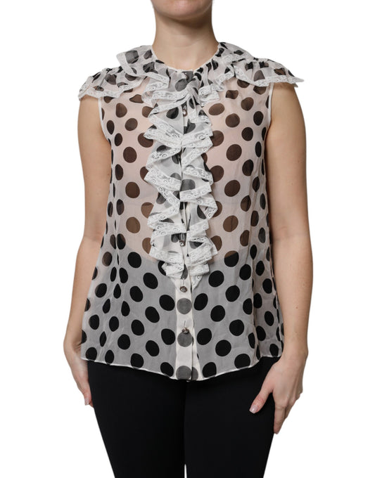 Dolce & Gabbana Weiß-schwarz gepunktetes ärmelloses Baumwoll-Top