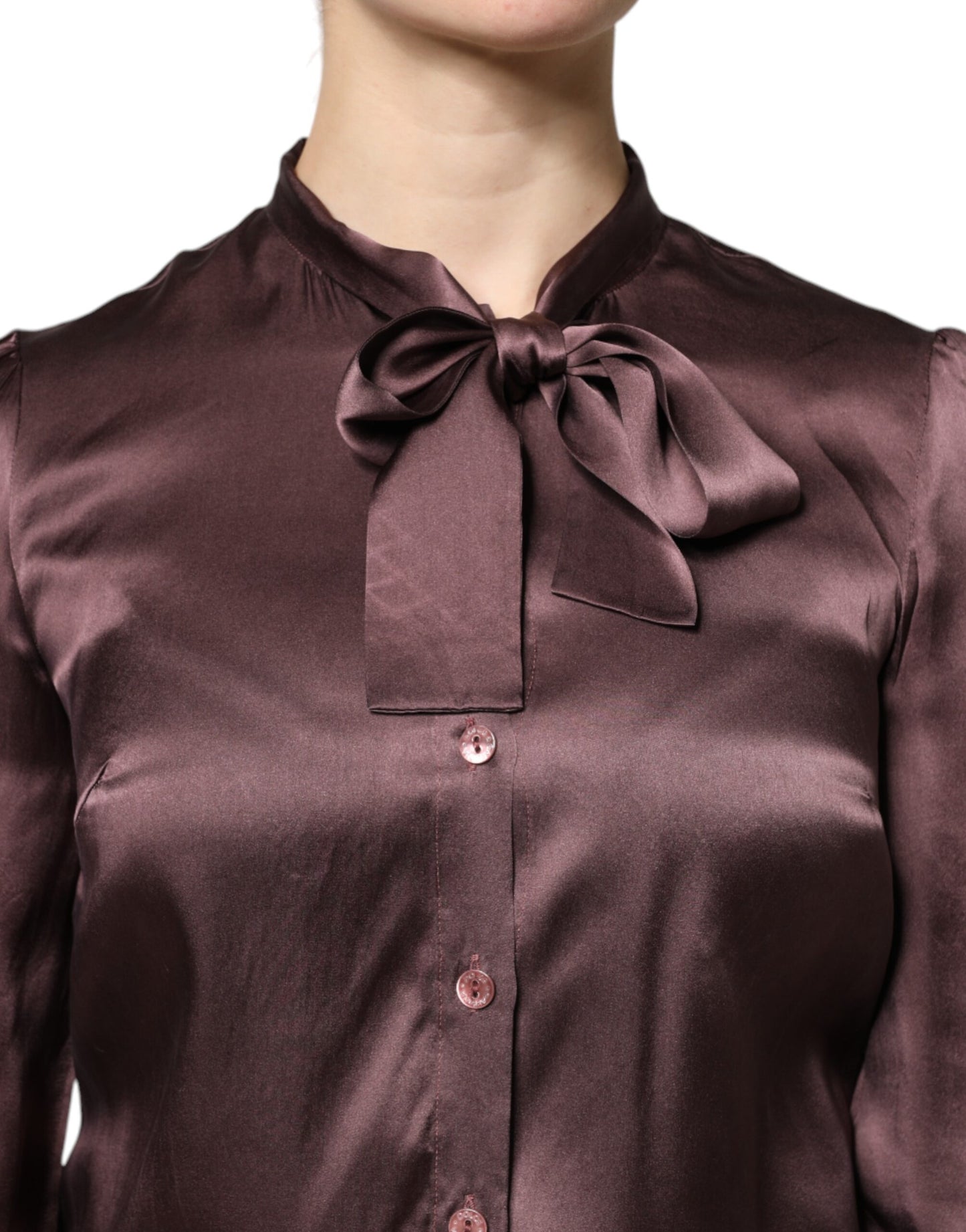 Dolce & Gabbana Braunes Ascot-Kragen-Langarm-Blusentop