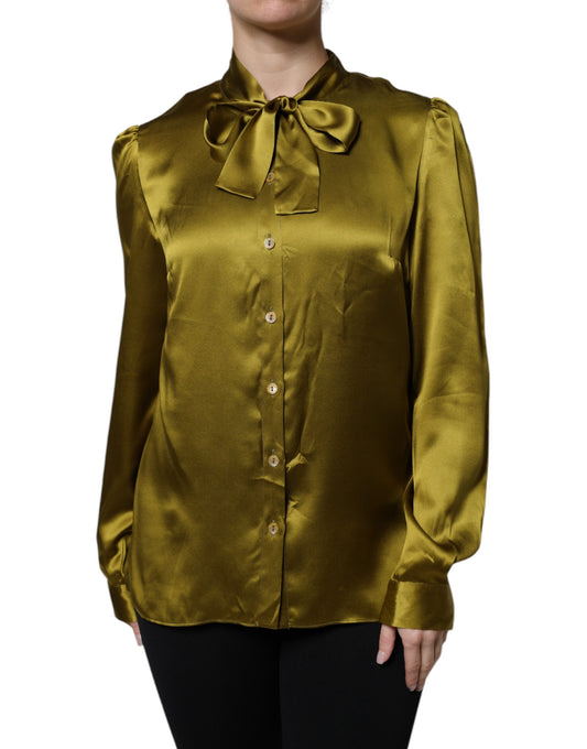 Dolce & Gabbana Olivgrüner Ascot-Kragen Langarm-Bluse Top