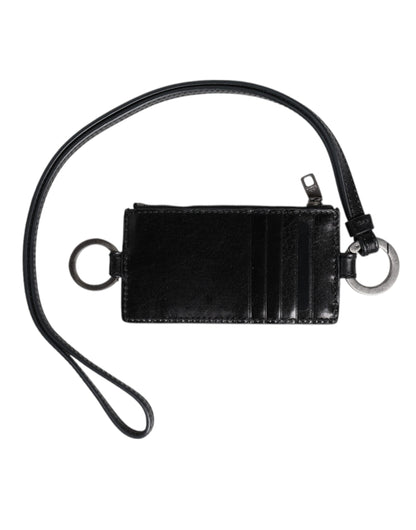 Dolce & Gabbana Schwarzes Leder mit Logo-Prägung Lanyard Kartenhalter Brieftasche