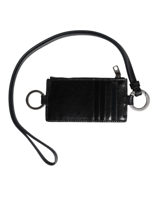 Dolce & Gabbana Schwarzes Leder mit Logo-Prägung Lanyard Kartenhalter Brieftasche