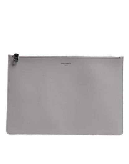 Dolce & Gabbana Graue Solid Leather DG Logo Herren Clutch Zip Pouch Tasche