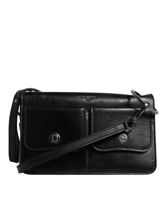 Dolce & Gabbana Schwarzes Leder Logo Geldbörse Schulter Umhängetasche