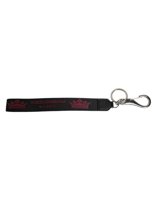 Dolce & Gabbana Schwarzes Nylon Logo DG Crown Herren Schlüsselanhänger Schlüsselring