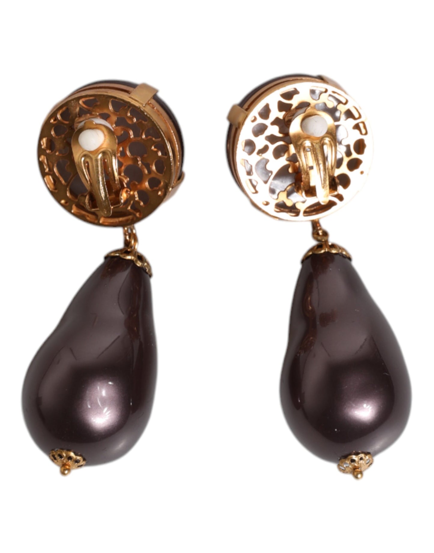 Dolce & Gabbana Gold Messing Schwarz Perle Clip On Dangling Schmuck Ohrringe