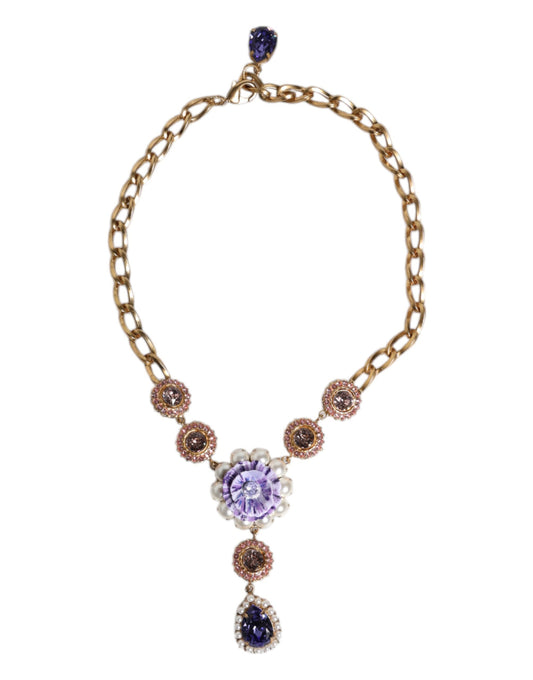 Dolce & Gabbana Gold Messing Floral Kristalle Perlen verschönert Halskette