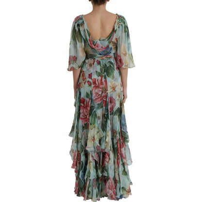 Dolce & Gabbana Blaues gestuftes Maxikleid mit Blumendruck