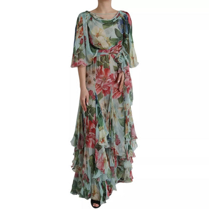 Dolce & Gabbana Blaues gestuftes Maxikleid mit Blumendruck