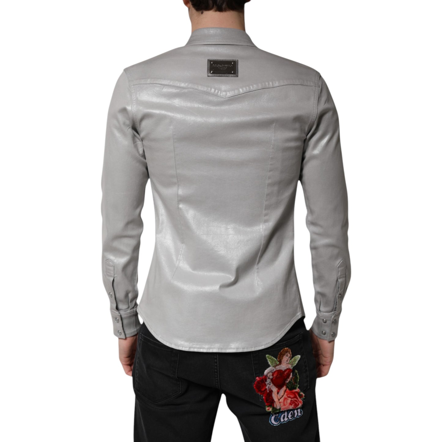 Dolce & Gabbana Metallisch graues Baumwollhemd mit Knopfleiste