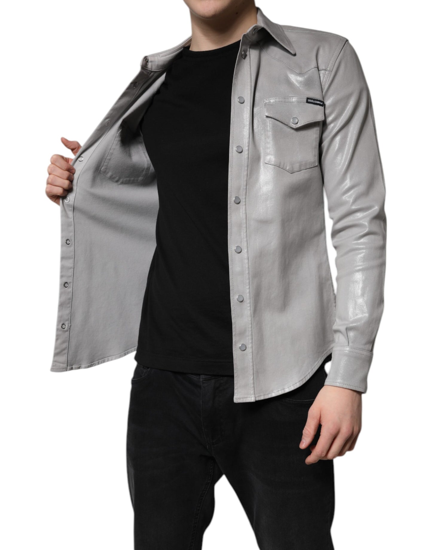 Dolce & Gabbana Metallisch graues Baumwollhemd mit Knopfleiste
