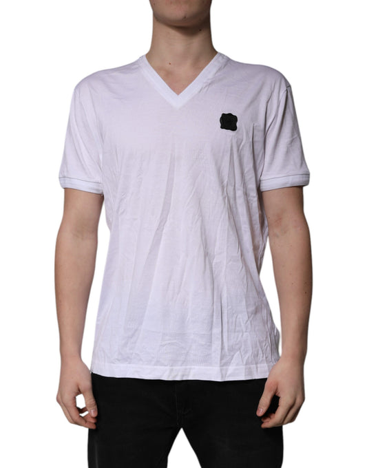 Dolce & Gabbana Weißes Baumwoll-Logo-Patch-T-Shirt mit V-Ausschnitt