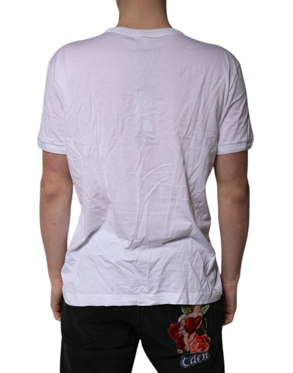 Dolce & Gabbana Weißes Baumwoll-Logo-Patch-T-Shirt mit V-Ausschnitt