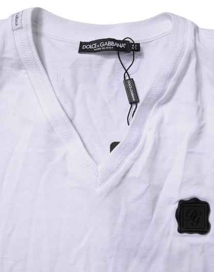Dolce & Gabbana Weißes Baumwoll-Logo-Patch-T-Shirt mit V-Ausschnitt