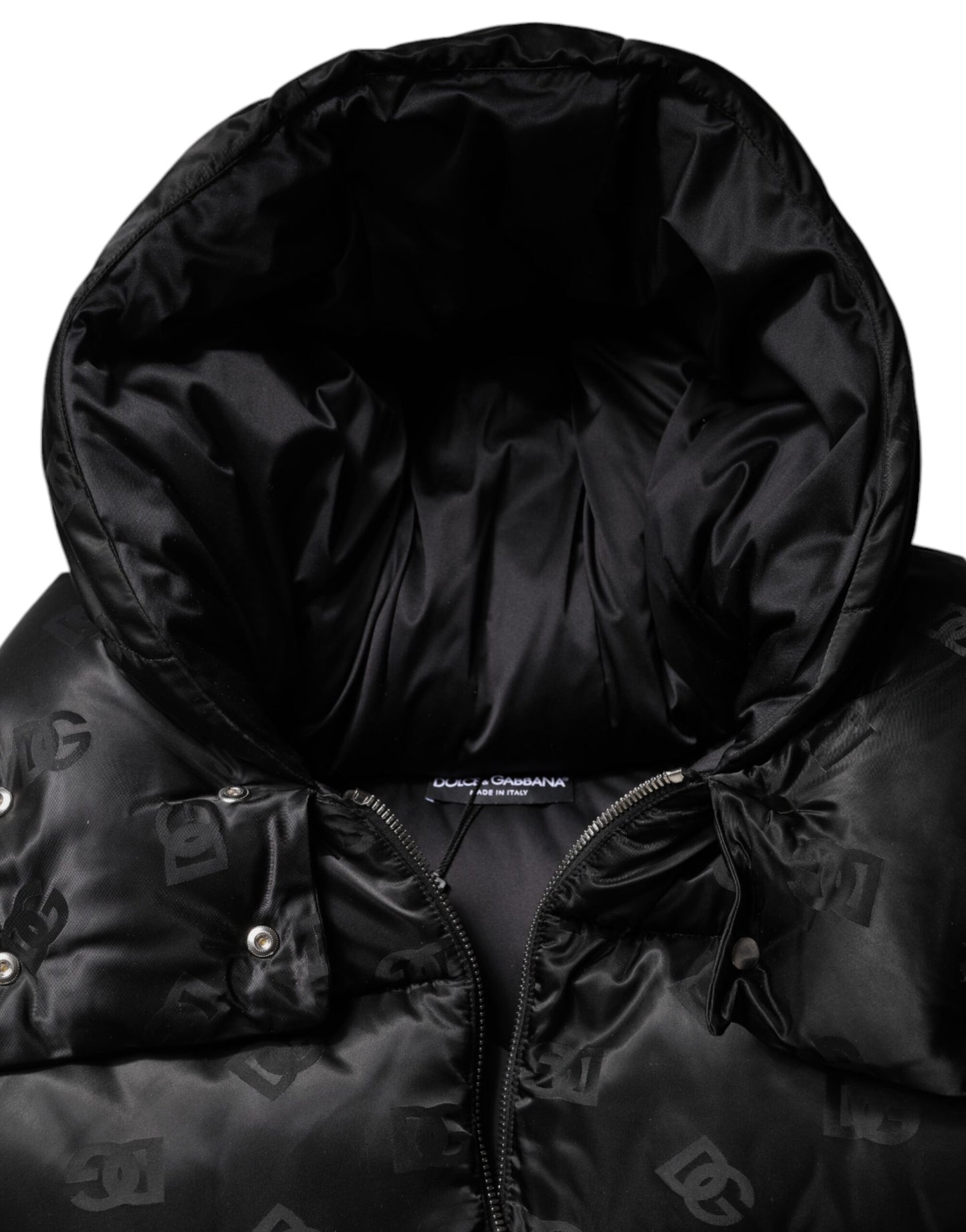 Dolce & Gabbana Schwarze gepolsterte Kapuzenjacke mit durchgehendem Reißverschluss und Cropped Jacket