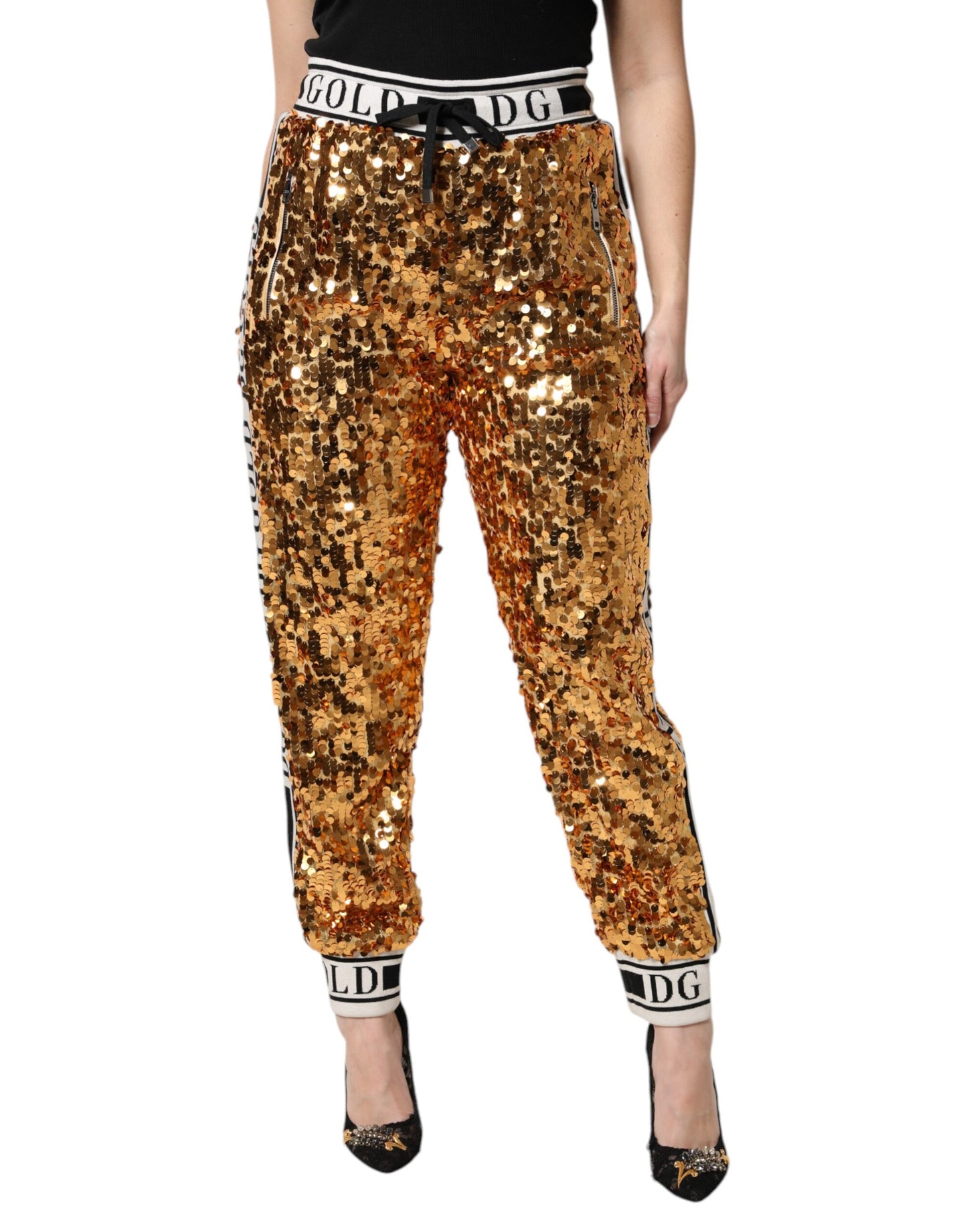 Dolce & Gabbana Metallic-Gold DG Logo Pailletten-Jogger-Hose