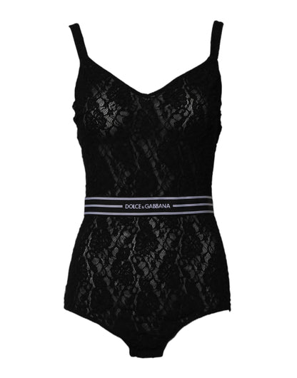 Dolce & Gabbana Schwarzer Spitzen-Bodysuit mit Gummizug und Markenzeichen Unterwäsche
