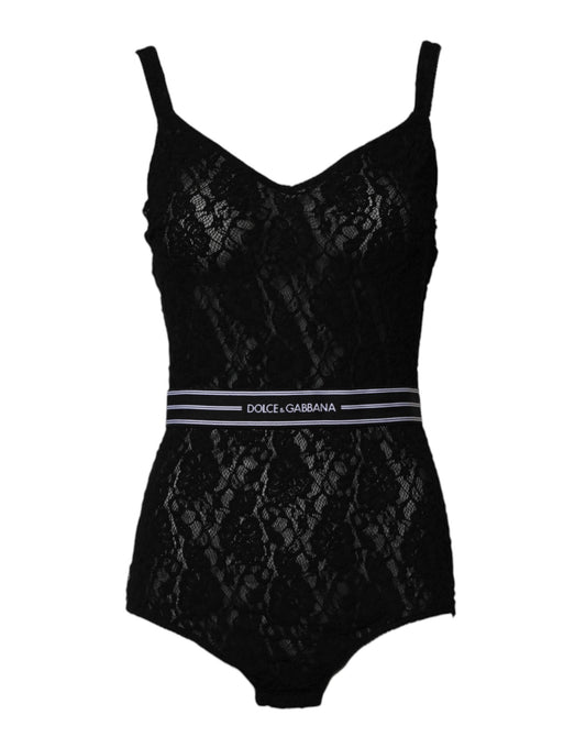 Dolce & Gabbana Schwarzer Spitzen-Bodysuit mit Gummizug und Markenzeichen Unterwäsche
