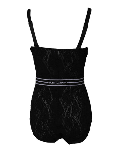 Dolce & Gabbana Schwarzer Spitzen-Bodysuit mit Gummizug und Markenzeichen Unterwäsche