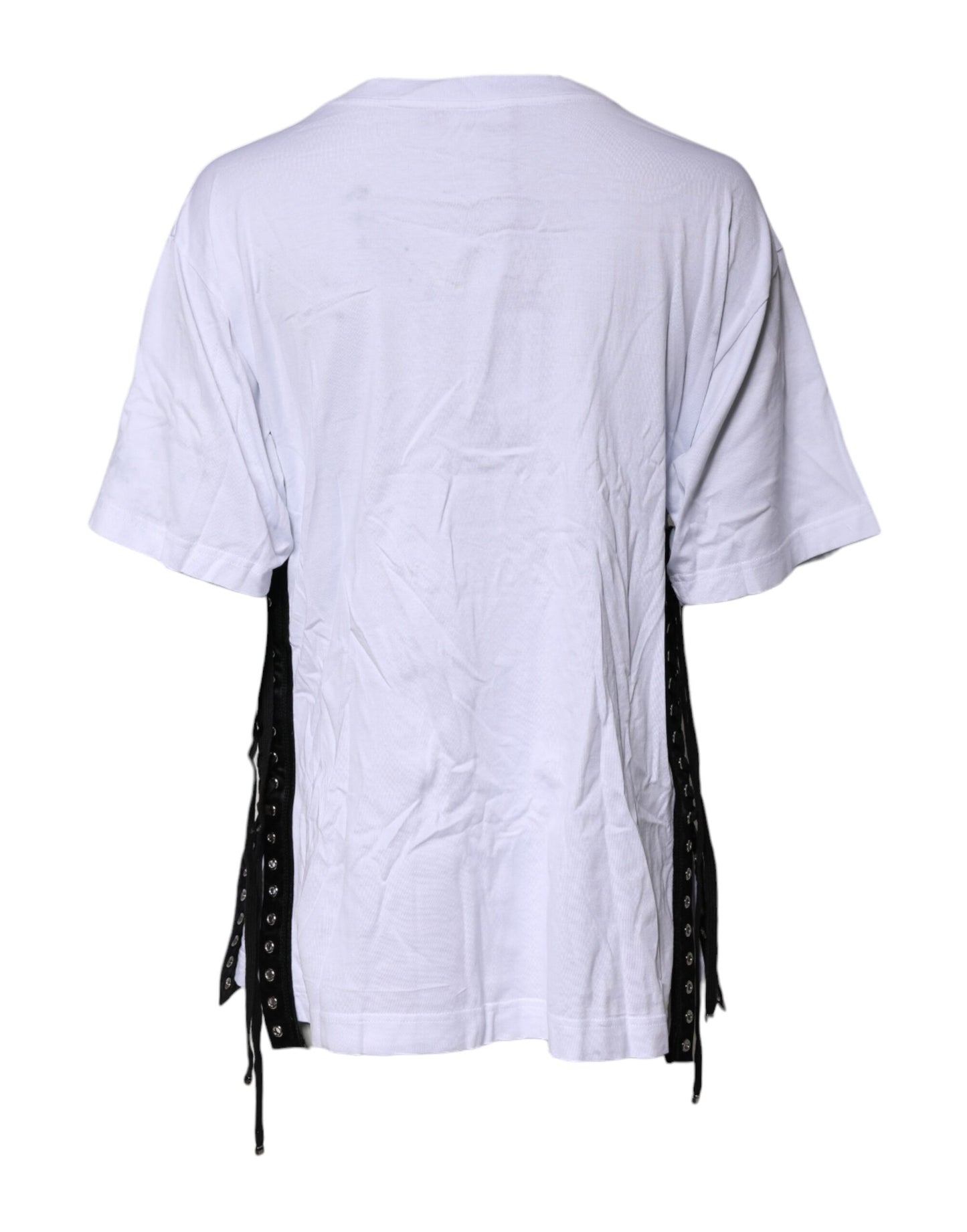 Dolce & Gabbana Weißes T-Shirt mit Rundhalsausschnitt und Schnürung aus Baumwolle