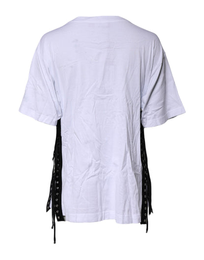 Dolce & Gabbana Weißes T-Shirt mit Rundhalsausschnitt und Schnürung aus Baumwolle