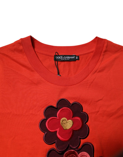 Dolce & Gabbana Rotes T-Shirt mit Blumenstickerei und Rundhalsausschnitt aus Baumwolle
