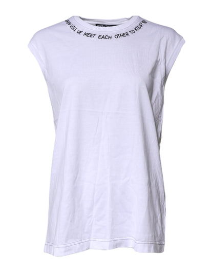 Dolce & Gabbana Weißes ärmelloses bedrucktes Tank-T-Shirt aus Baumwolle