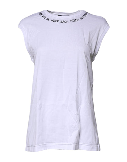Dolce & Gabbana Weißes ärmelloses bedrucktes Tank-T-Shirt aus Baumwolle