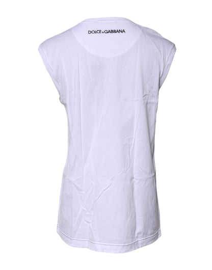 Dolce & Gabbana Weißes ärmelloses bedrucktes Tank-T-Shirt aus Baumwolle