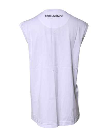 Dolce & Gabbana Weißes ärmelloses bedrucktes Tank-T-Shirt aus Baumwolle