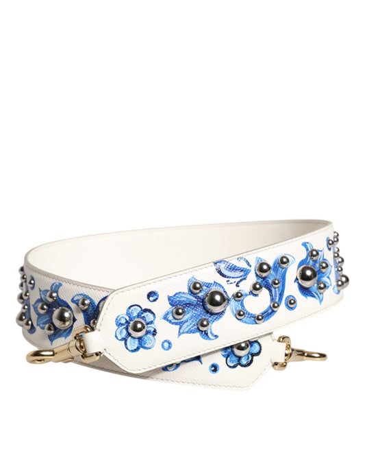Dolce & Gabbana Weißer blauer geblümter Leder-Nieten-Schulterriemen