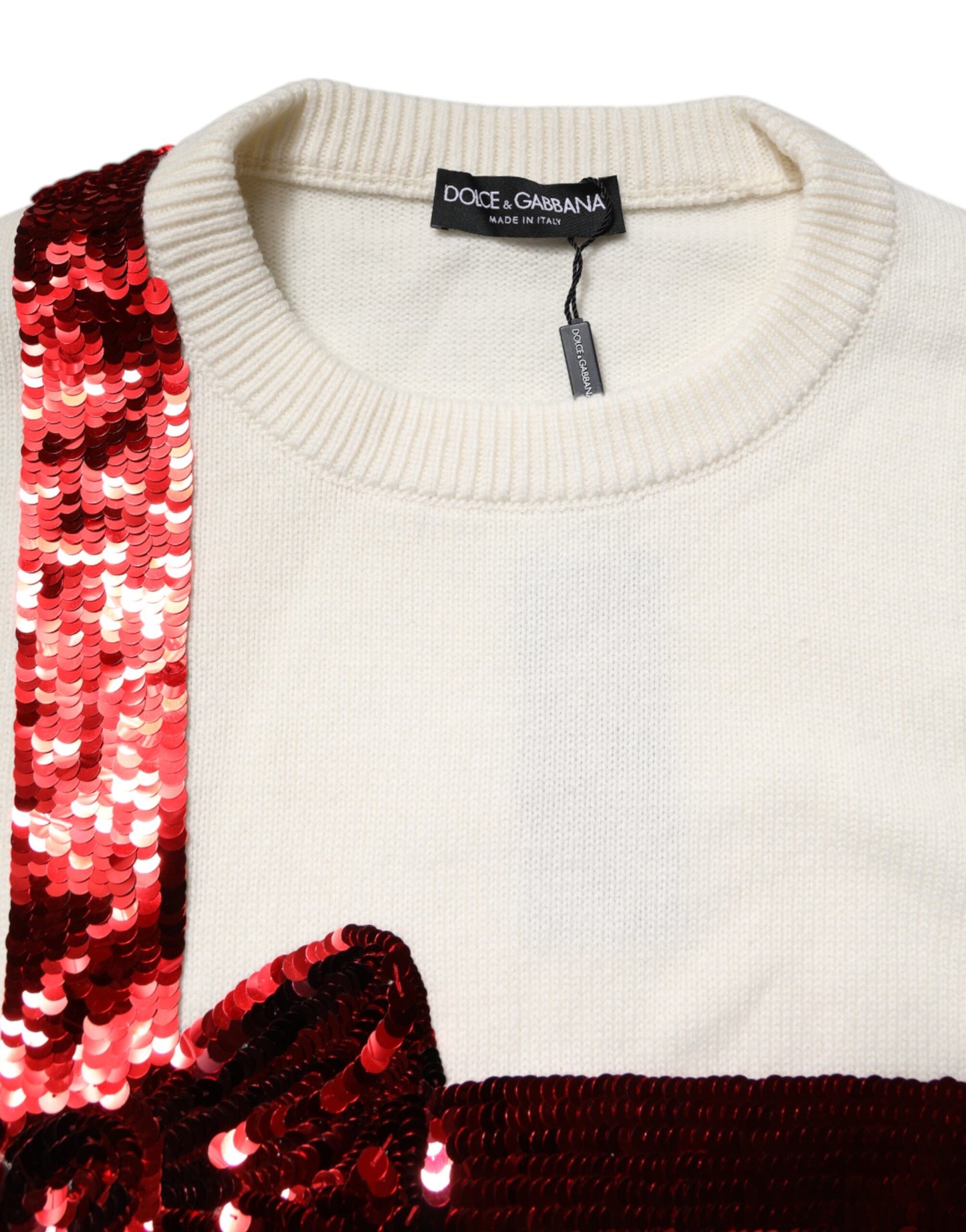 Dolce & Gabbana Weißer paillettenbesetzter Pullover mit Rundhalsausschnitt