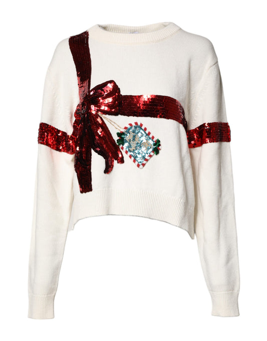 Dolce & Gabbana Weißer paillettenbesetzter Pullover mit Rundhalsausschnitt