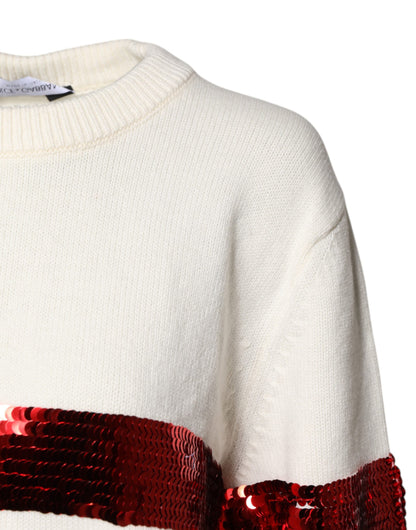 Dolce & Gabbana Weißer paillettenbesetzter Pullover mit Rundhalsausschnitt