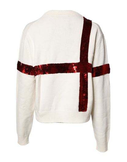 Dolce & Gabbana Weißer paillettenbesetzter Pullover mit Rundhalsausschnitt