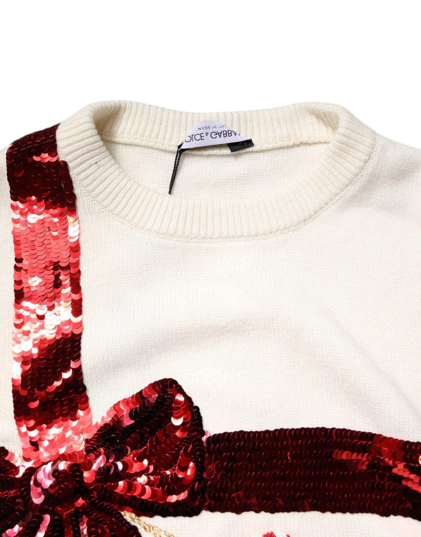 Dolce & Gabbana Weißer paillettenbesetzter Pullover mit Rundhalsausschnitt