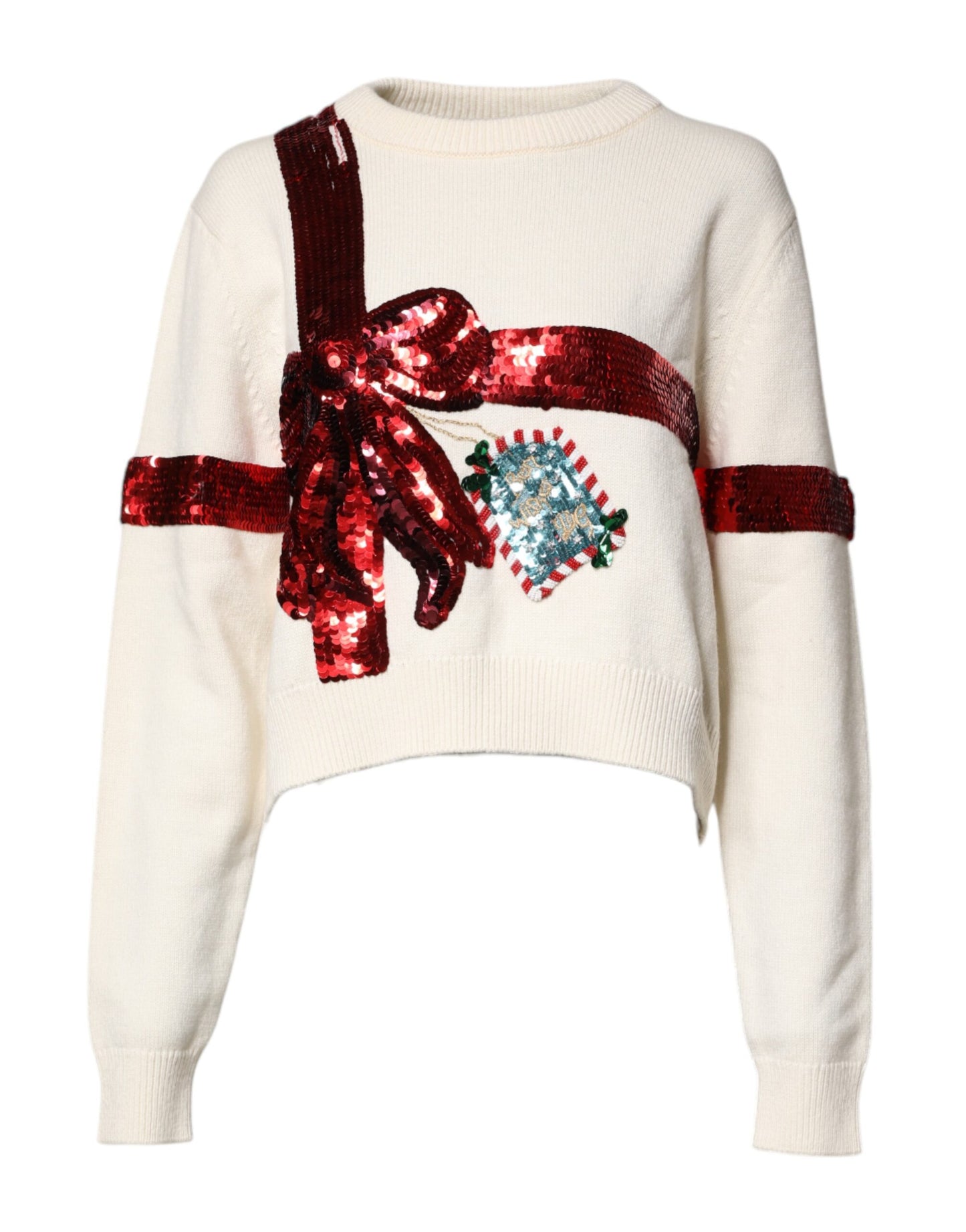 Dolce & Gabbana Weißer paillettenbesetzter Pullover mit Rundhalsausschnitt