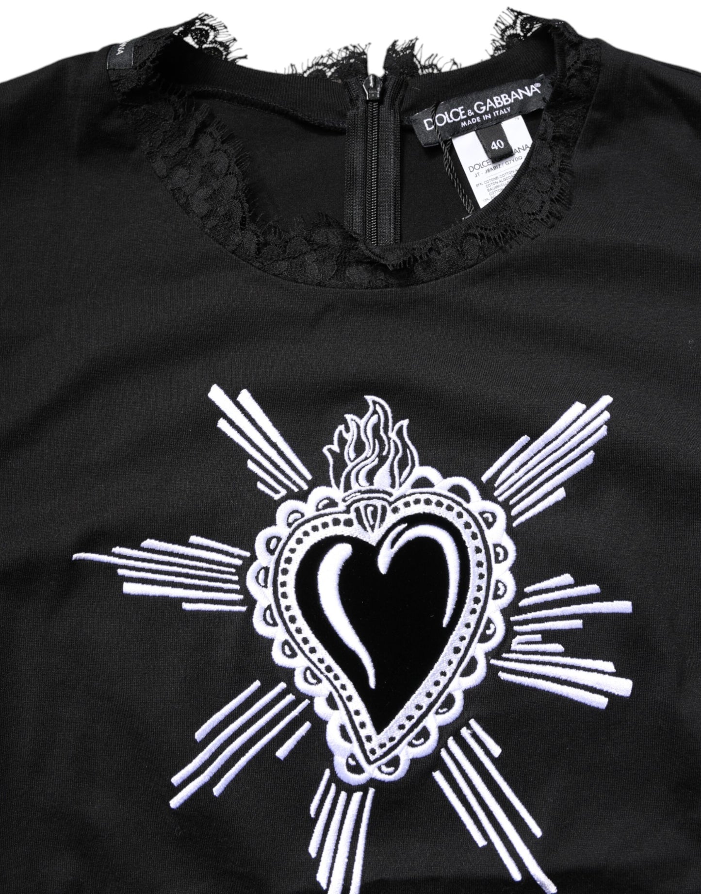 Dolce & Gabbana Schwarzes Top mit Rundhalsausschnitt aus transparenter Spitze Sacred Heart