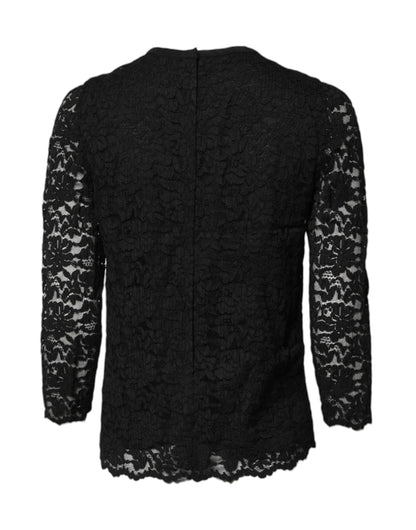 Dolce & Gabbana Schwarzes STAFF Top mit Rundhalsausschnitt und langen Ärmeln aus Spitze