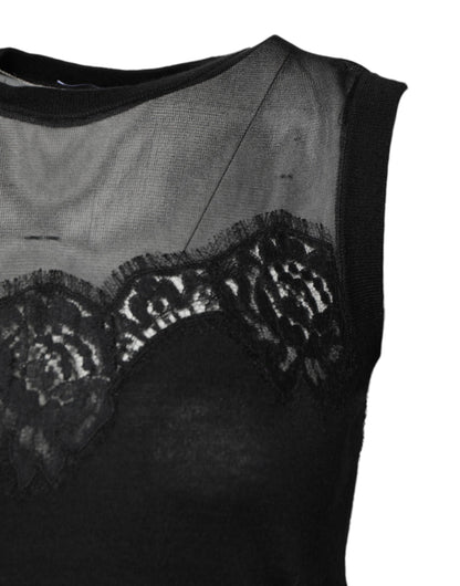 Dolce & Gabbana Schwarzes ärmelloses Top mit Rundhalsausschnitt aus Spitze