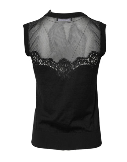 Dolce & Gabbana Schwarzes ärmelloses Top mit Rundhalsausschnitt aus Spitze
