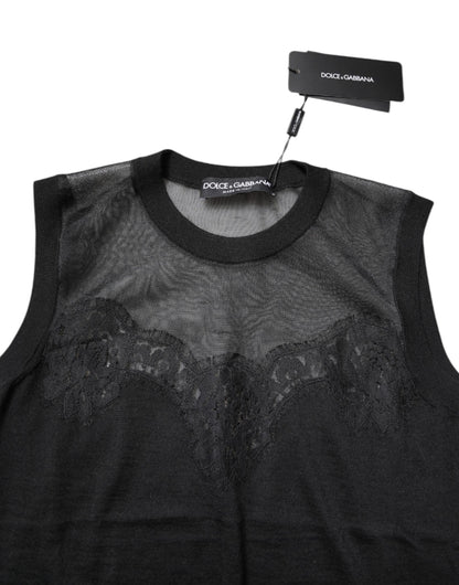 Dolce & Gabbana Schwarzes ärmelloses Top mit Rundhalsausschnitt aus Spitze