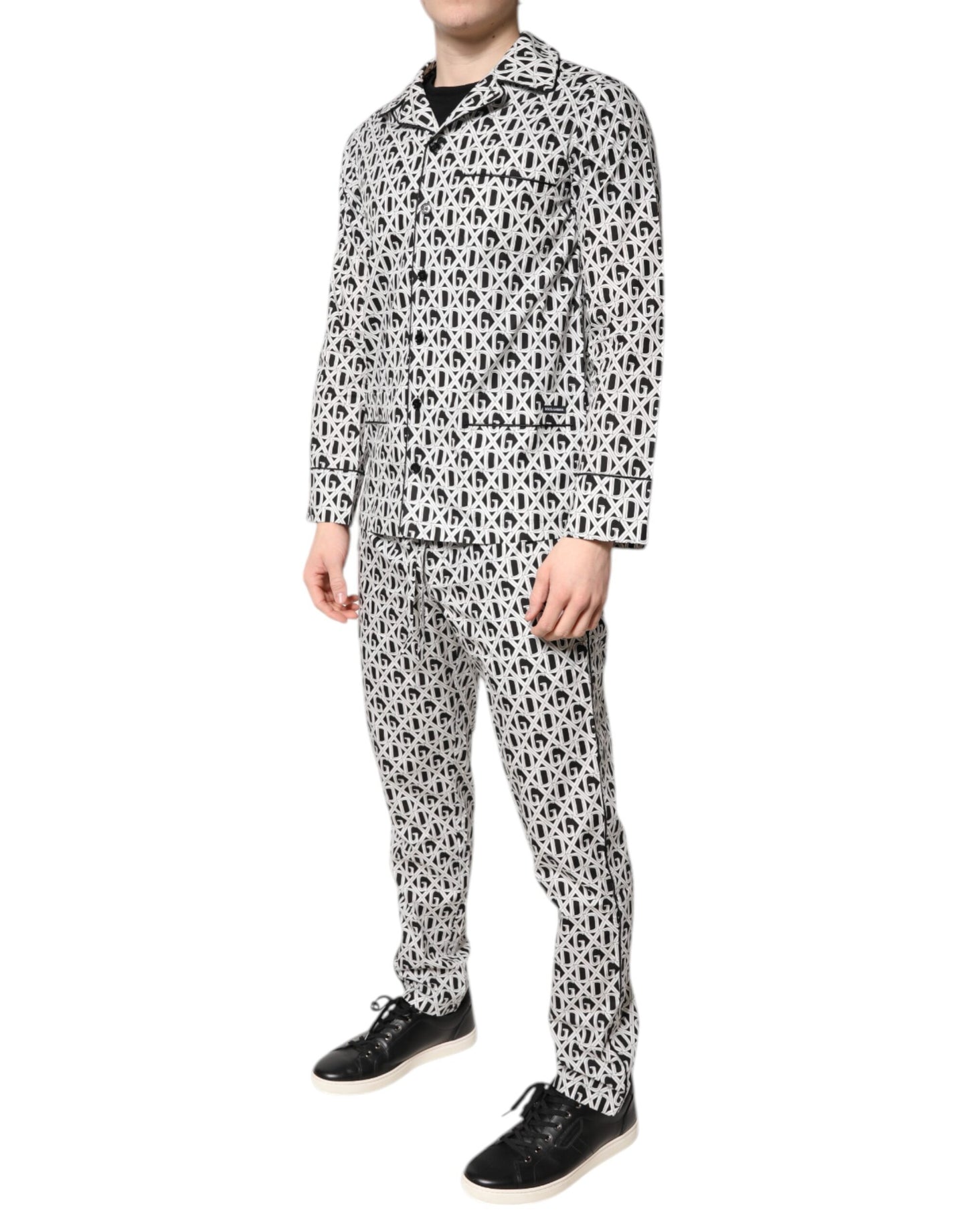 Dolce & Gabbana Schwarz Weiß DG Print Baumwolle Pyjama Set Schlafanzug