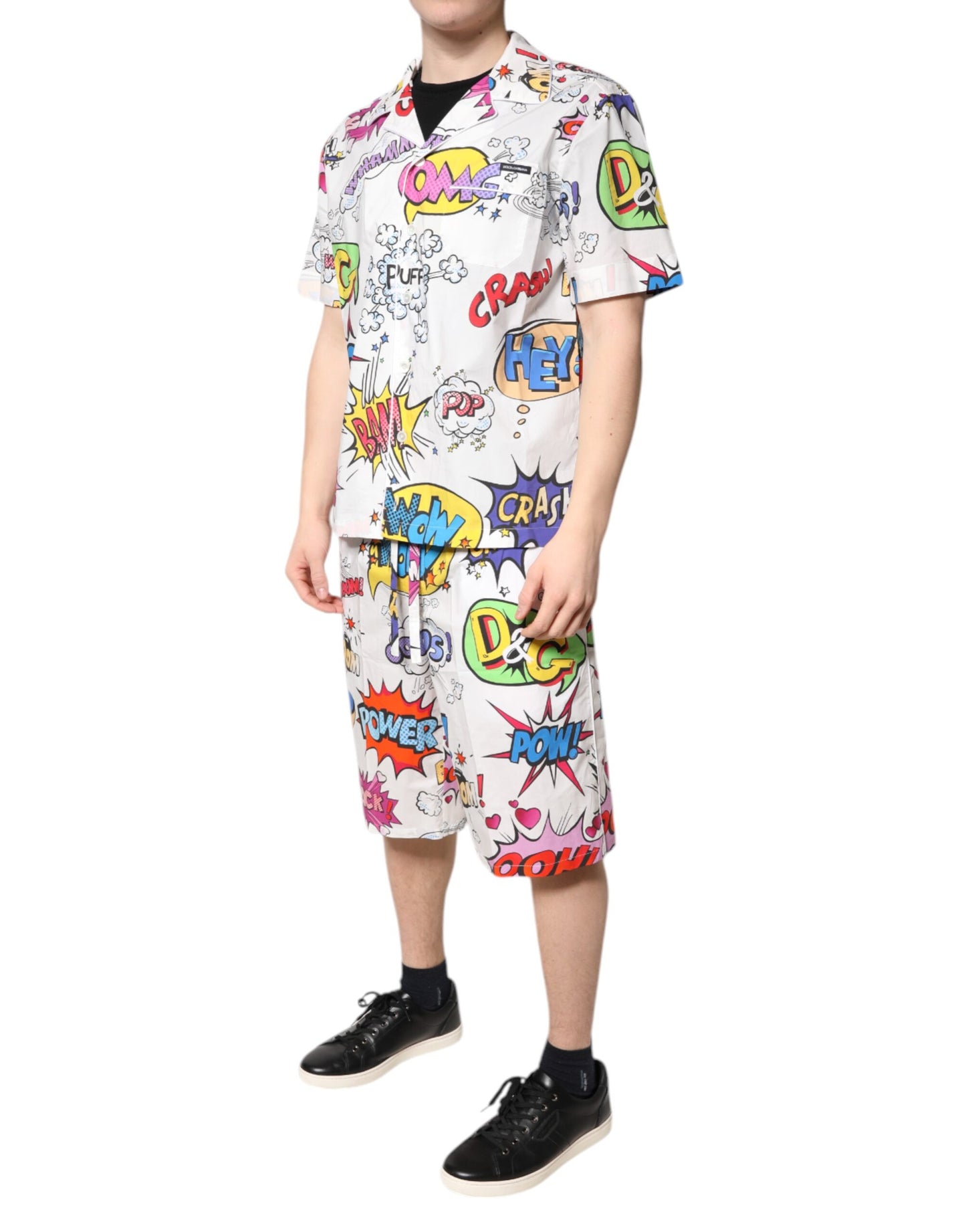 Dolce & Gabbana Weiß Cartoon Print Baumwolle Männer Pyjama Set Schlafanzug
