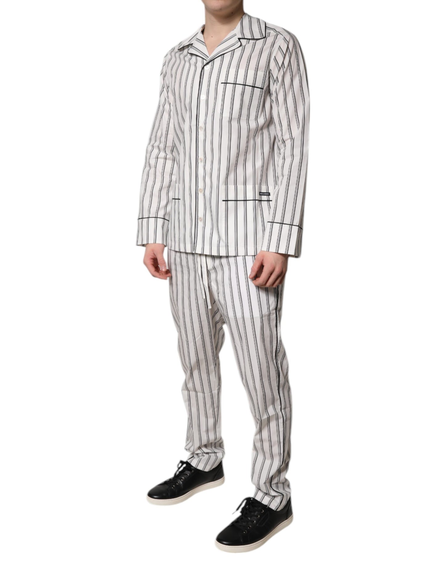 Dolce & Gabbana Weiß Schwarz Streifen Baumwolle Männer Pyjama Set Nachtwäsche