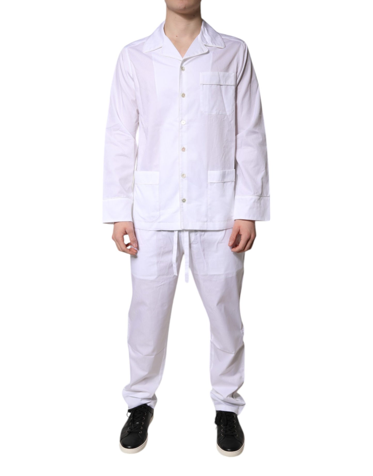 Dolce & Gabbana Weißes Baumwollhemd Hose Pyjama Set Schlafanzug